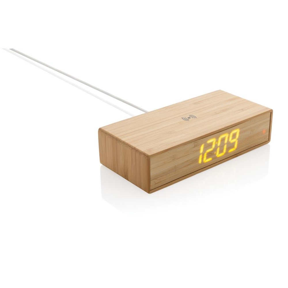 Лого трейд pекламные продукты фото: Бамбуковый будильник с беспроводным зарядным устройством, коричневый