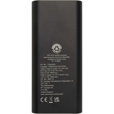 Logotrade kampanjprodukter bild: Acamar 20 000 mAh 70 W powerbank för bärbar dator av återvunnen aluminium